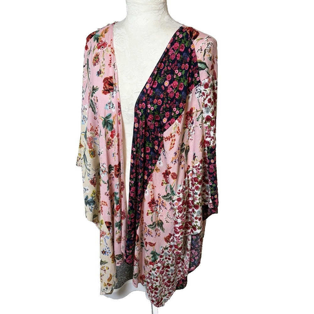 Umgee Multi Print Flowy Kimono Cover~1-2XL~Rayon Crepe Floral Open Cardigan BOHO